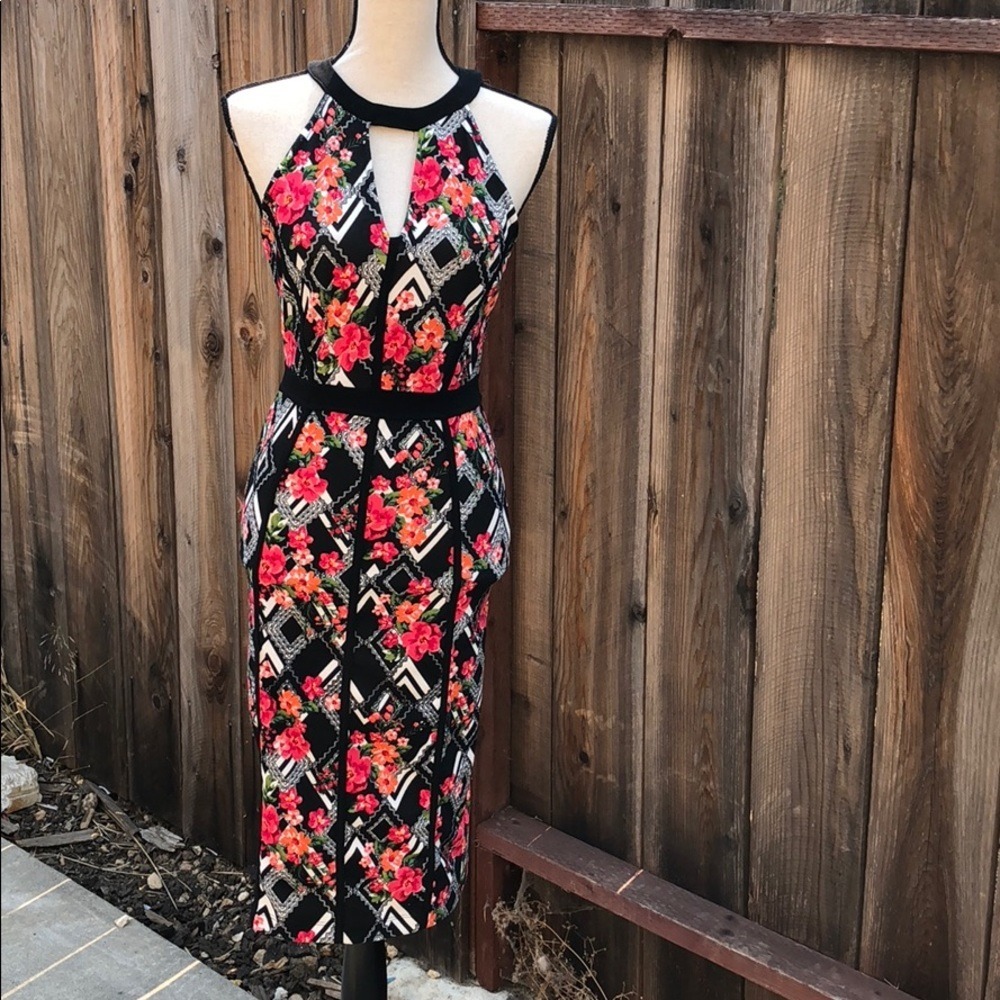 Marilyn Monroe Floral Geometric Halter‎ Sheath Dress Black Pink Orange Medium